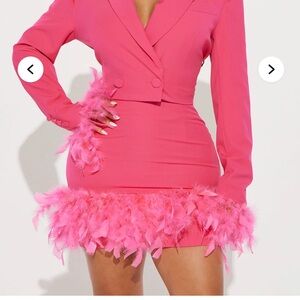 Chic Pink Feathered Blazer and Skirt set